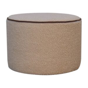 Boucle Round Footstool with Bufallo Leather Piping