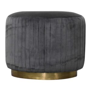 Grey Cotton Velvet Pleated Footstool with Gold Base