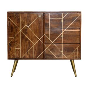 Abstract gold inlay on chestnut sideboard