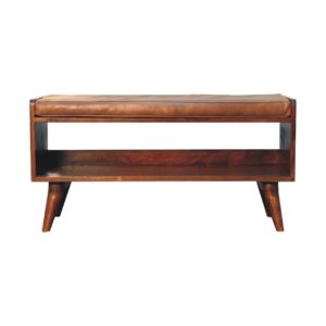Seatpad made of brown leather on a chestnut benc