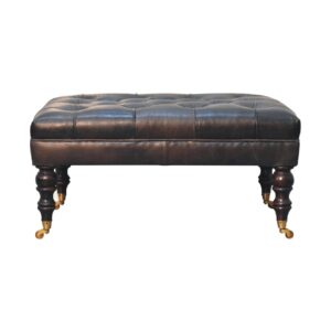 Castor-legged Black Leather Ottoman in Buffalo Ash
