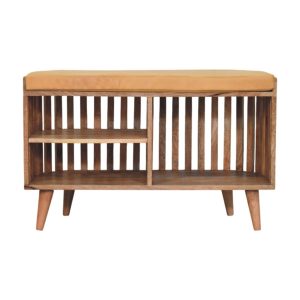 slatted oak ish bench with 3 slots