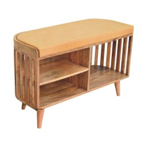 slatted oak ish bench with 3 slots