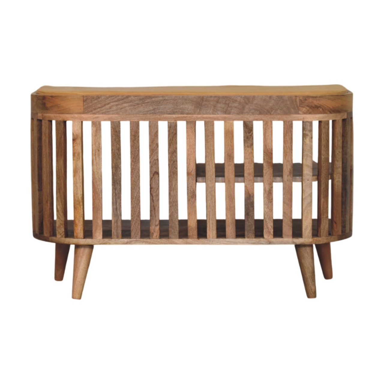slatted oak ish bench with 3 slots
